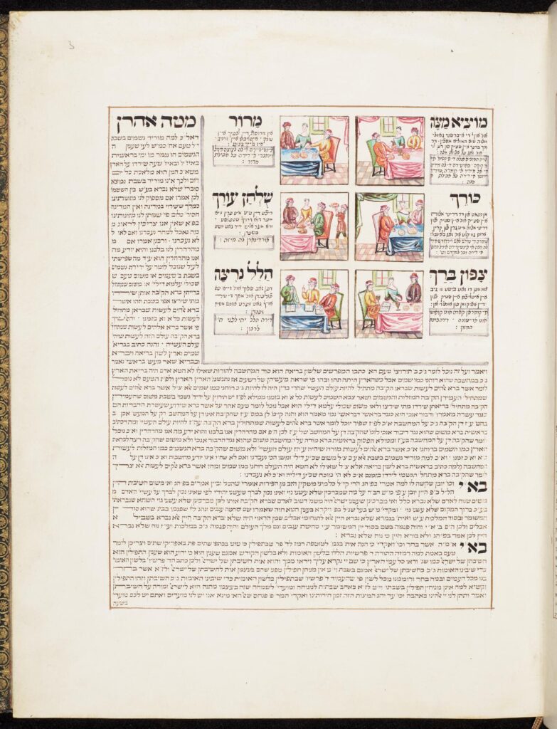 18th century miniature paintings of the Passover Seder with Hebrew, Yiddish and Ladino instructions